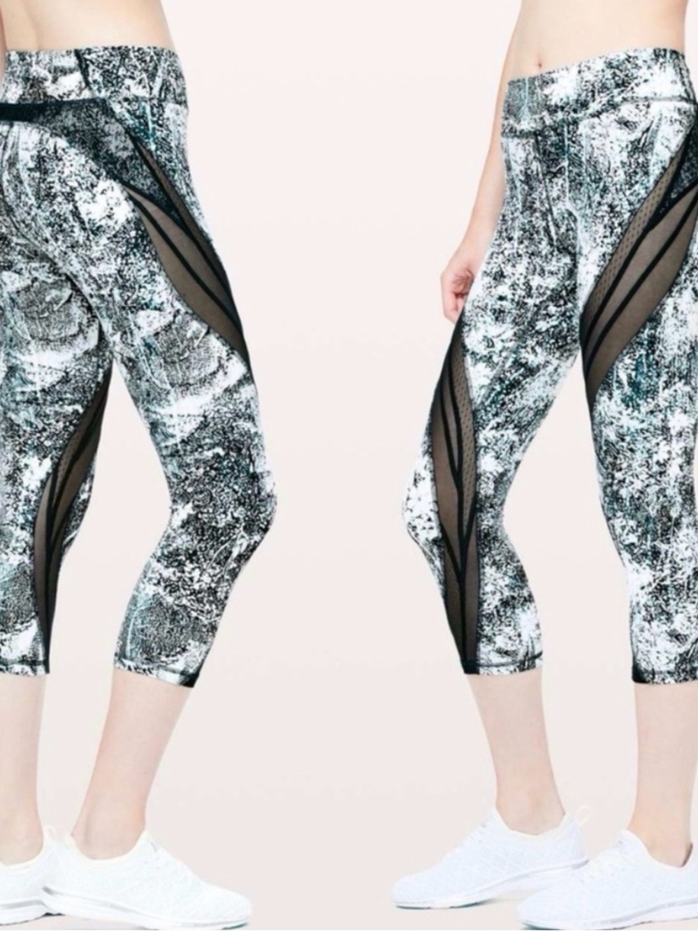Lululemon 21" Never Still Wildwood White and Teal Mesh Crop leggings